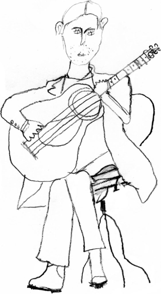 A drawing of Hunter Robertson playing guitar.